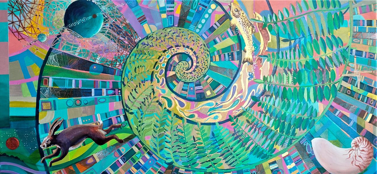 bright spring colours in Fibonacci spiral with nautilus shell and hare