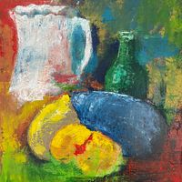 'Still Life After Cezanne by Chris Filtness. Inspired by his still life I appropriated the objects and applied the paint with anything that was to hand other than a paintbrush.