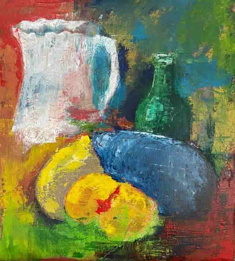 'Still Life After Cezanne by Chris Filtness. Inspired by his still life I appropriated the objects and applied the paint with anything that was to hand other than a paintbrush.
