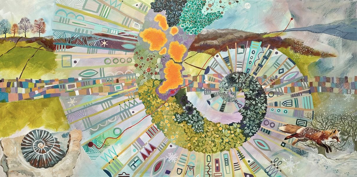 The winter energy of the open landscape seen on a train journey to Scarborough. Bare trees, fossil ammonite, winter moon,  lichen , running fox and heather moors.