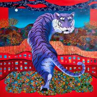 Purple tiger in an abstract landscape red 