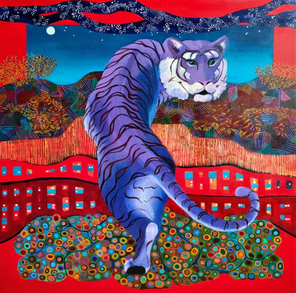 Purple tiger in an abstract landscape red 
