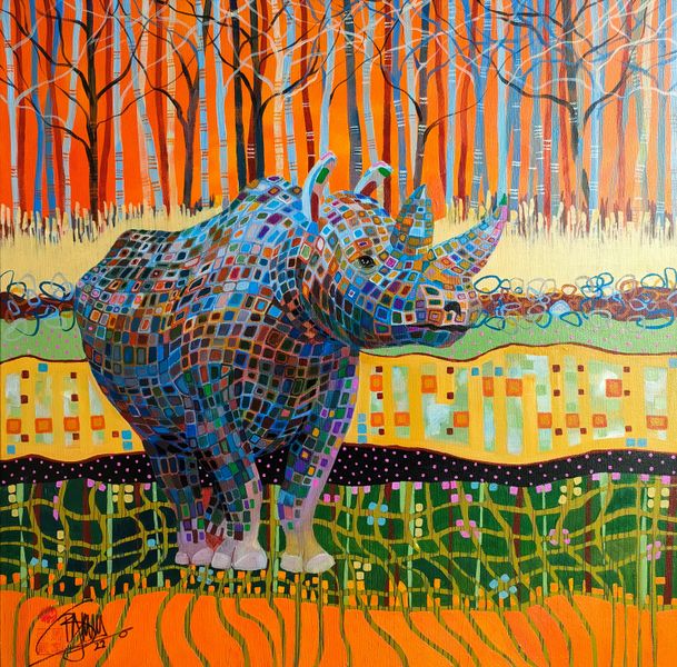 A small Rhino stands lonely in the grasslands of SE Asia. It is pixilating as it disappears