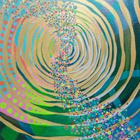Concentric circles of vibration in blue and green finished with metallic gold, Vibration of sound and of complementary colours