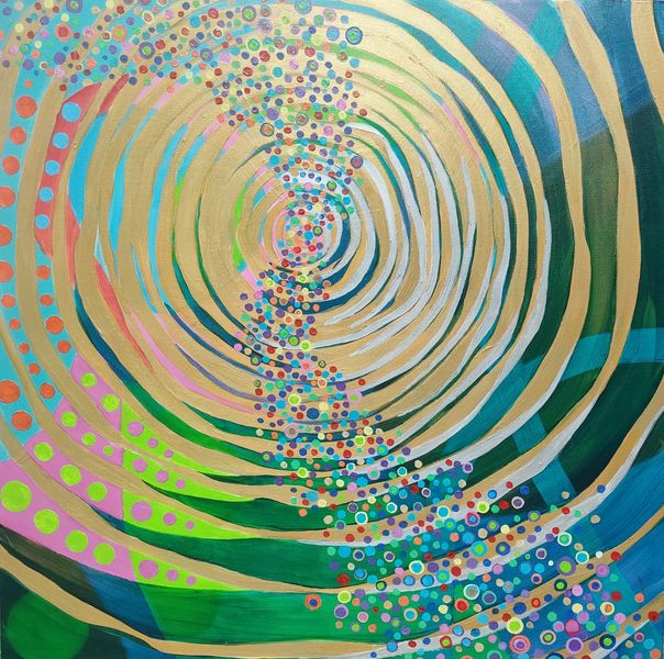 Concentric circles of vibration in blue and green finished with metallic gold, Vibration of sound and of complementary colours