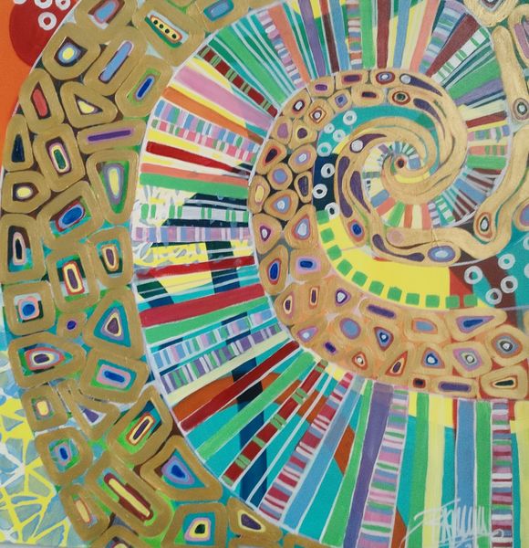 'Energy' by Bridget March - a dynamic Fiibonacci spiral in turquoise and yellow finished with gold 50x50cm