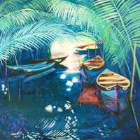 Vietnam river boats shade palms blue green
