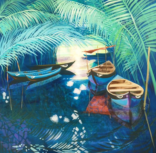 Vietnam river boats shade palms blue green