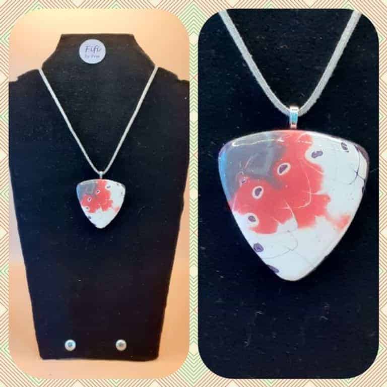 Pink and grey mokume gane triangular pendant