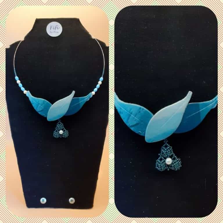 Blue leaf and bead necklace