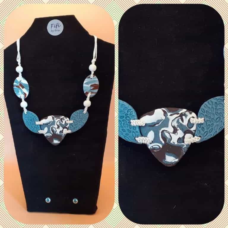 Blue, brown, white necklace