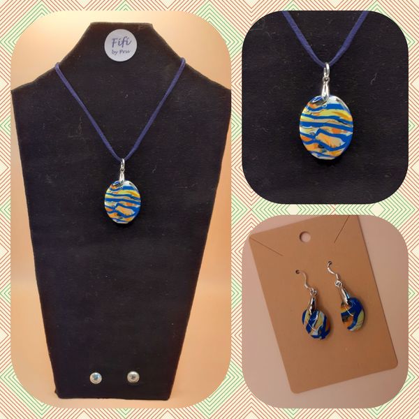 Blue and yellow pendant and earrings