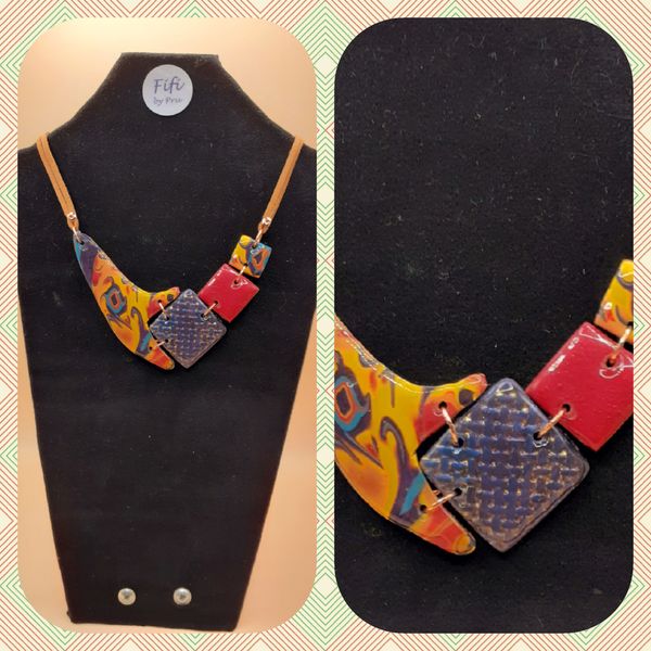 Burgundy, mustard mokume gane necklace - Necklace thumbnail