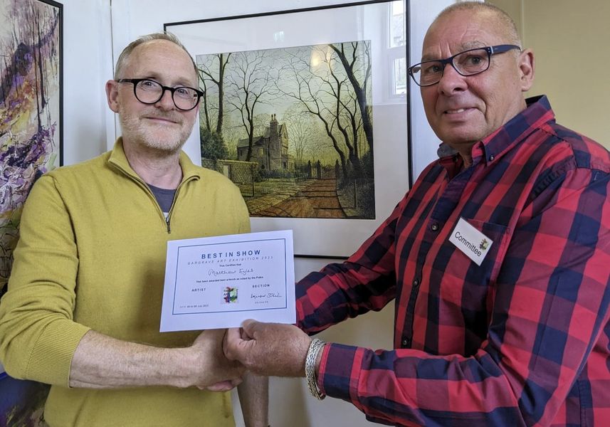 Matthew Eyles receiving People's Vote award Gargrave Art Exhibition 2023