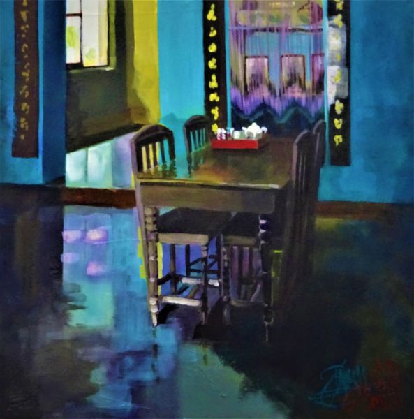 'The red Lacquer Tray' by Bridget March.  An interior with blue walls, an old country table and a red lacquer tray set with tea pot and cups