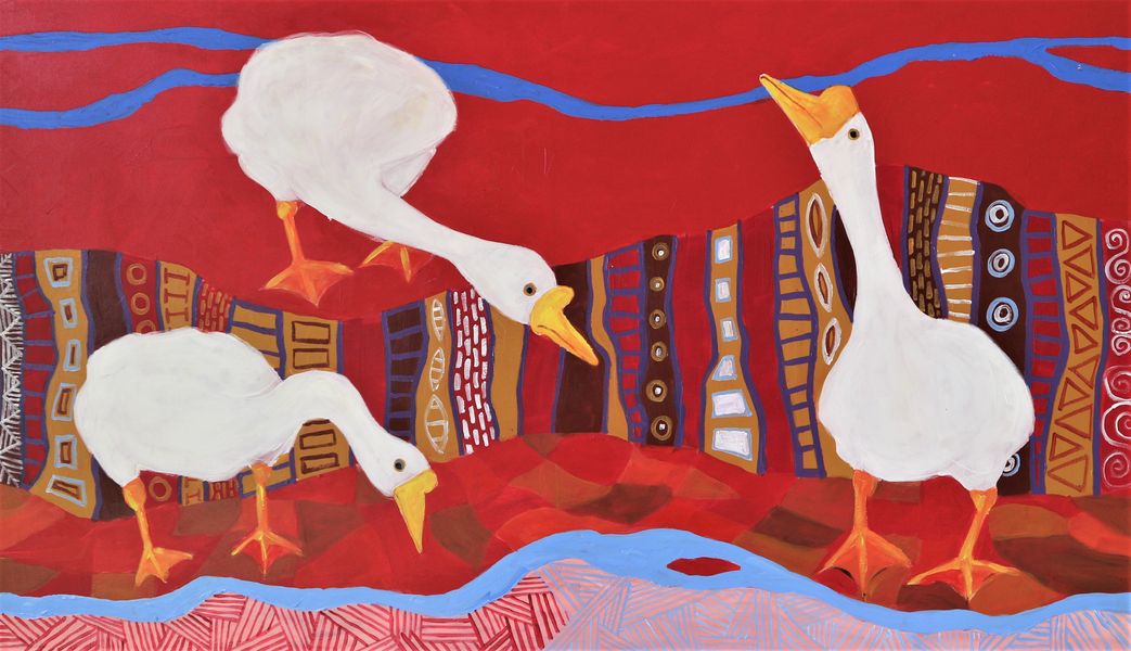3 white Geese on a red background