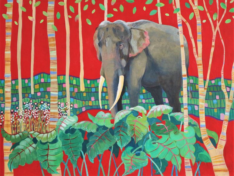 Asian elephant in the forest on red background
