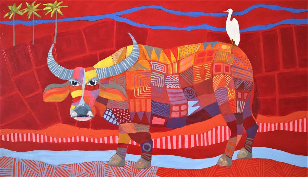 Colourful water buffalo with egret on a red background Vietnam