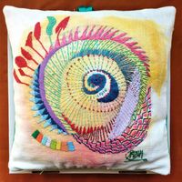 Hand embroidery on linen and velvet cushion filled with goose down. Shipped in presentation box