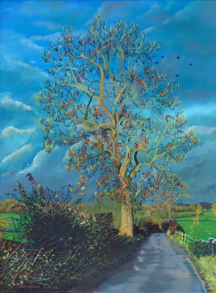 Ash Tree by Howson Laithe between Flasby and Hetton, an original oil on linen painting by Jonathan Little where late afternoon sunshine in November caught a lone ash tree in its full autumn splendour 