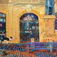The beautiful entrance to Skipton library in autumn with collie dog