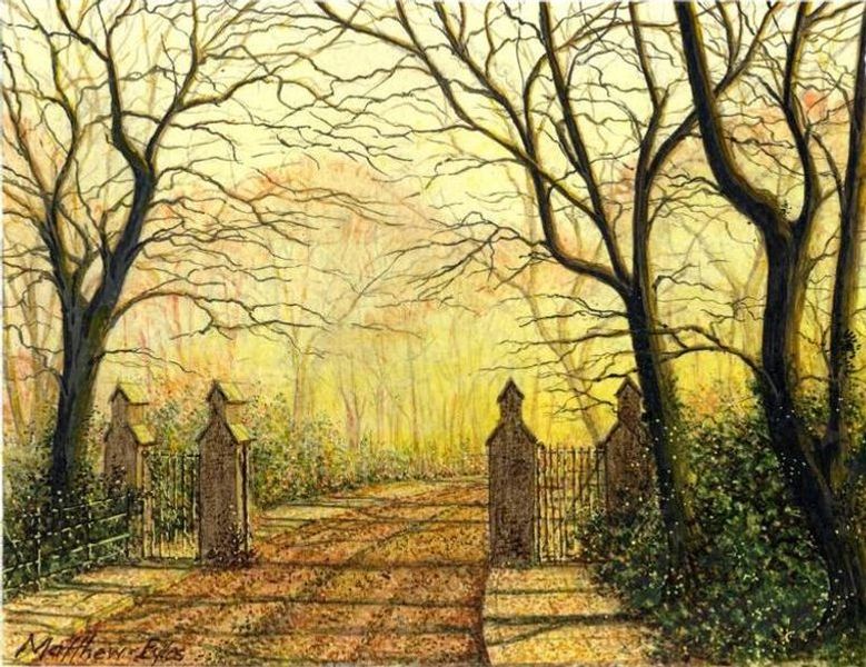 Autumn Twilight an original painting by Matthew Eyles showing gateposts on a lane in the twilight