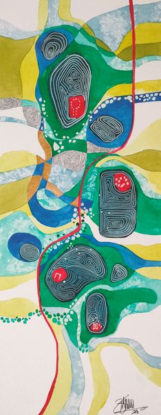 Abstract painting of an ancient landscape such as the Yorkshire Dales. Blues and greens with metallic gold on white background.
