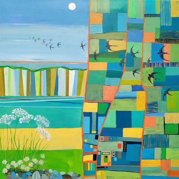 An abstract impression of where the land meets the sea in blues and greens