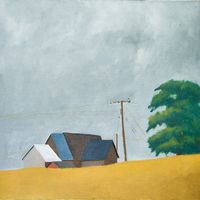 oil on linen painting of suffolk barns with tree and telegraph pole under a leaden sky