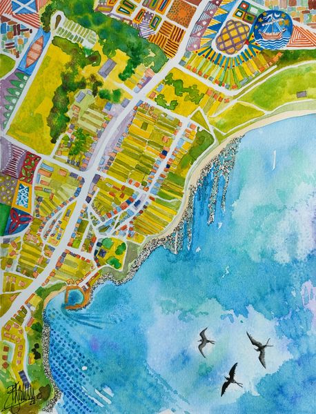'Crail Map' by Bridget March - an aerial view of teh old fishing village from the harbour to the church