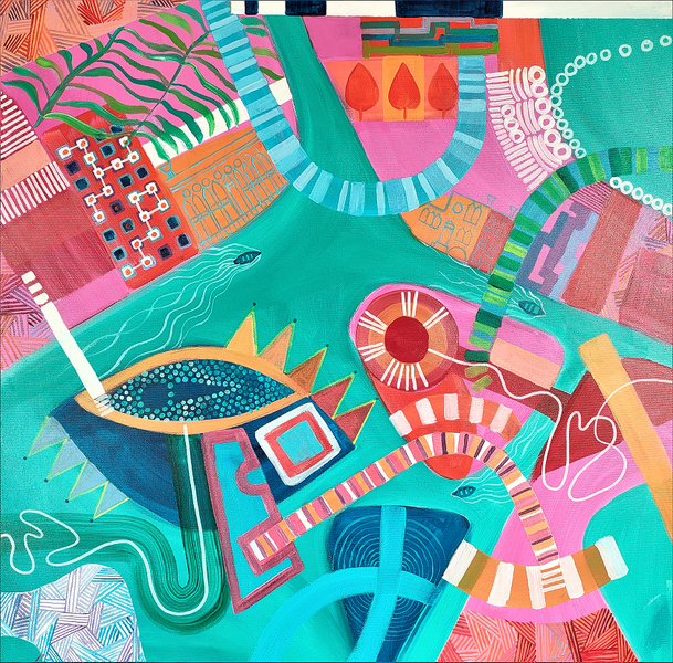 abstract map of city connections, trains, boats, bridges, pathways, pink and turquoise