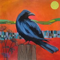A black crow sitting on a fence post - red