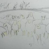 First outline of painting composition showing added masking fluid for face and legs.