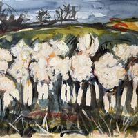 Penultimate state - Woolly coats of sheep added with thick impasto paint gouache mixed with watercolour.