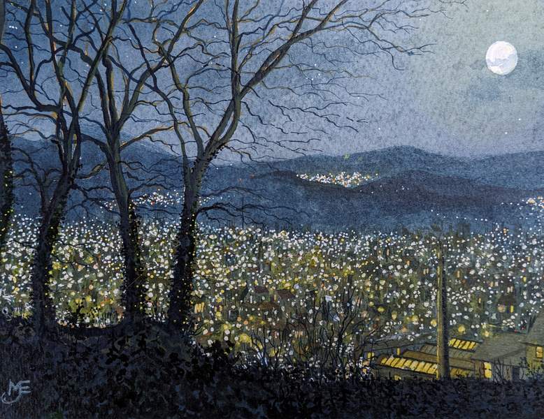 Distant Lights original landscape painting by Matthew Eyles. The painting shows distant city lights at night with winter trees in the foreground