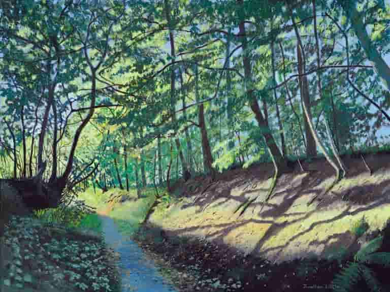 Early Sunshine through Flasby Woods by Jonathan Little, an original oil on linen canvas landscape painting set in the Yorkshire Dales capturing light through trees