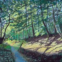 Early Sunlight through Flasby Woods, an original oil painting by Jonathan Little of the Yorkshire Dales
