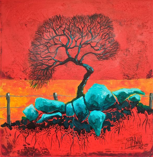 Lone hawthorn tree in red landscape