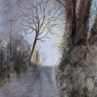 Flasby Top original landscape painting by Matthew Eyles. The painting shows car headlights at night with winter trees in the foreground
