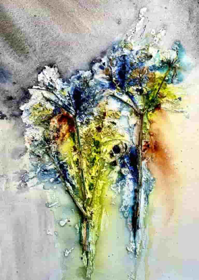 Umbellier dispersal is a collage with organic material referencing the natural spreading of seeds of wild flora in wintertime