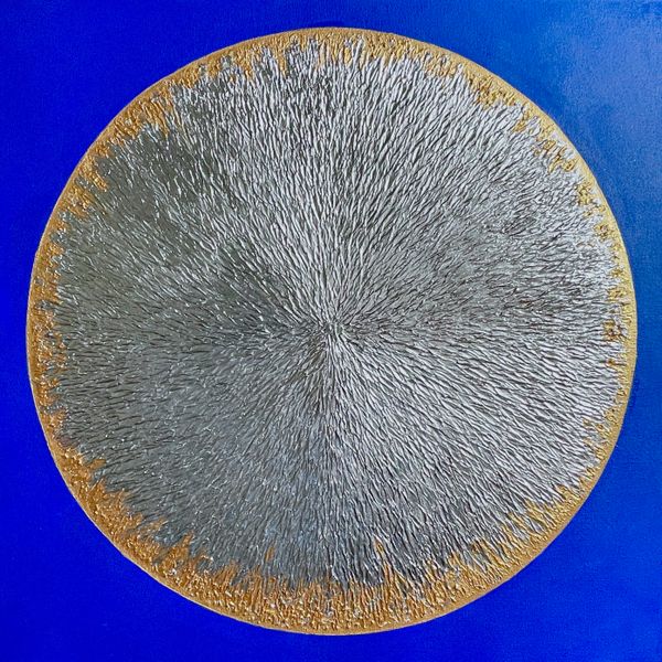 This artwork features a cobalt blue background and a chromed Earth, symbolising the onset of a new ice age due to the neglect of global warming. Future Earth by Katrina Thompson.Cobalt blue reflects the chilling cold of the coming ice age, and a chromed Earth represents a new global ice cap. Gold edges symbolise the retreating Earth.Contrast between a cold chrome surface and the golden retreat represents irreversible climate shift, urging reflection on the consequences of ignoring environmental threats