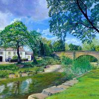 Gargrave Bridge by Jonathan Little was long listed in the SAA Artist of the Year 2023, Supporting All Artists. Gargrave Bridge is an original oil painting by Jonathan Little showing the River Aire flowing under Gargrave Bridge in Gargrave on a summers day with blue Skys and cloud formations with sunshine on the trees creating reflections in the flowing water under the bridge, with a willow trees, ash trees reflections in the water along with Yorkshire stone cottages. 
