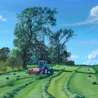 Hay Baling by Jonathan Little. A scene in the Yorkshire Dales showing a farmer with his tractor and baler, bailing up the hay in a field that had previously been cut when the grass had grown and there was a period of dry weather in summer to enable the harvest. The field is surrounded by trees and the sky was blue with just a few whispers of cloud. I was always fascinated with the labour intensive harvest time paintings over a century ago depicting farming and farming schemes. Hay baling today is a very different story, but no doubt machinery used will also one day date this painting. This is an original oil painting by the Yorkshire artist Jonathan Little