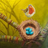 A robin by its nest with 4 blue eggs