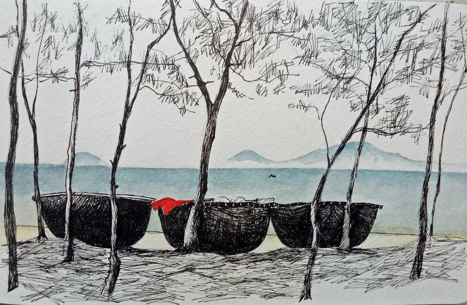basket boats on the beach in Vietnam