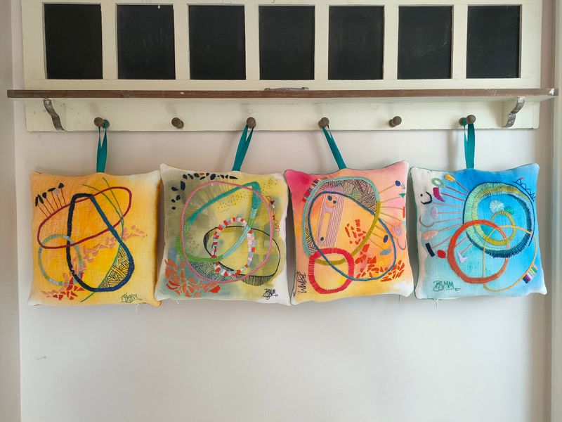hand embroidered art cushions - Joy of Life collection of 4