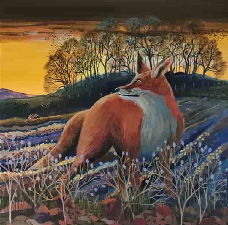 Late winter afternoon, the crows are roosting and a hare races across the field. Fox is watching
