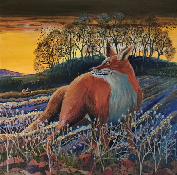 Late winter afternoon, the crows are roosting and a hare races across the field. Fox is watching
