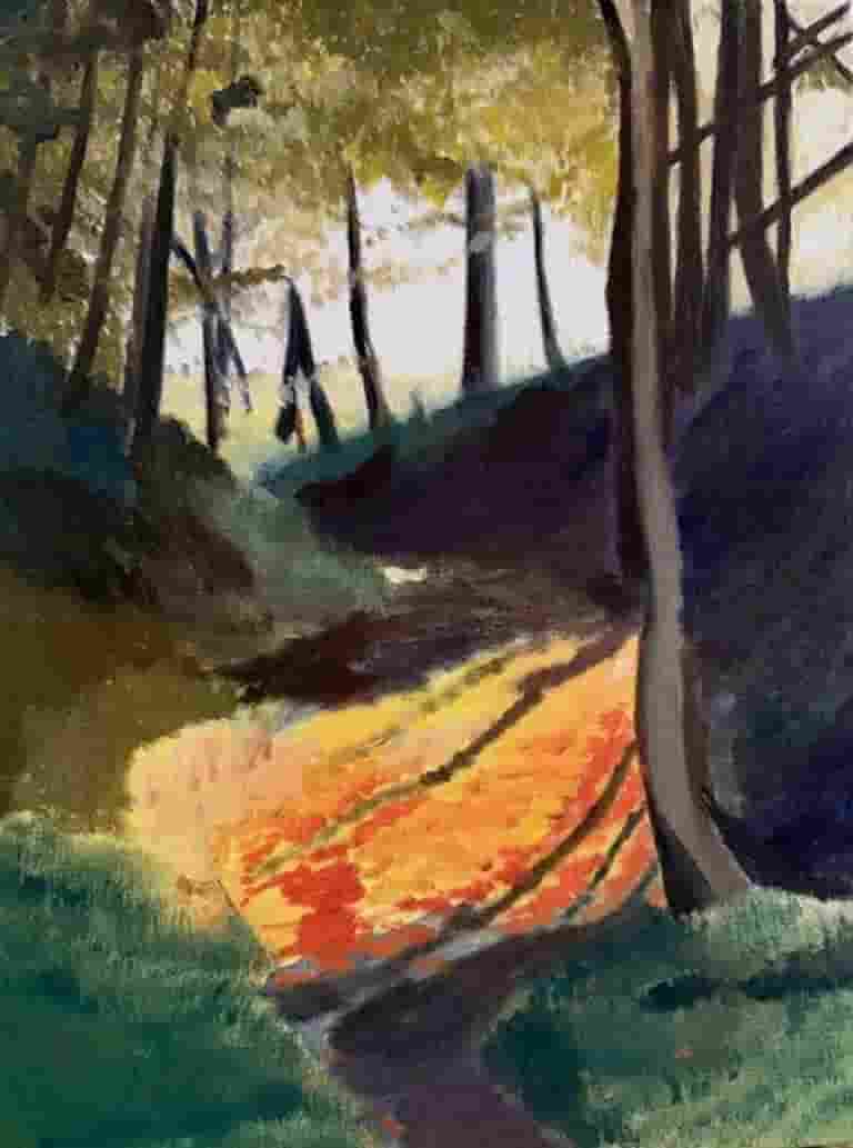 On the easel, morning sun in High Woods Flasby by Jonathan Little