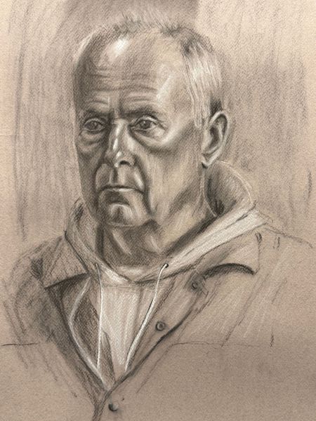 Ken Portrait in Charcoal drawing at Leeds Drawing Club by Jonathan Little
